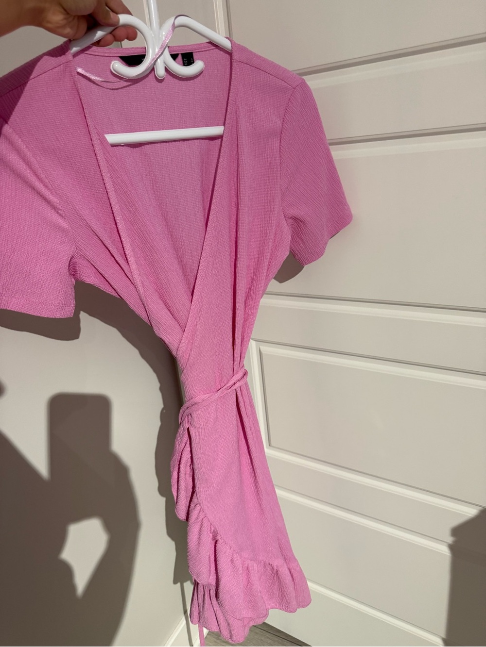 Vero Moda Pink Short-Sleeve Wrap Dress with Ruffle Hem